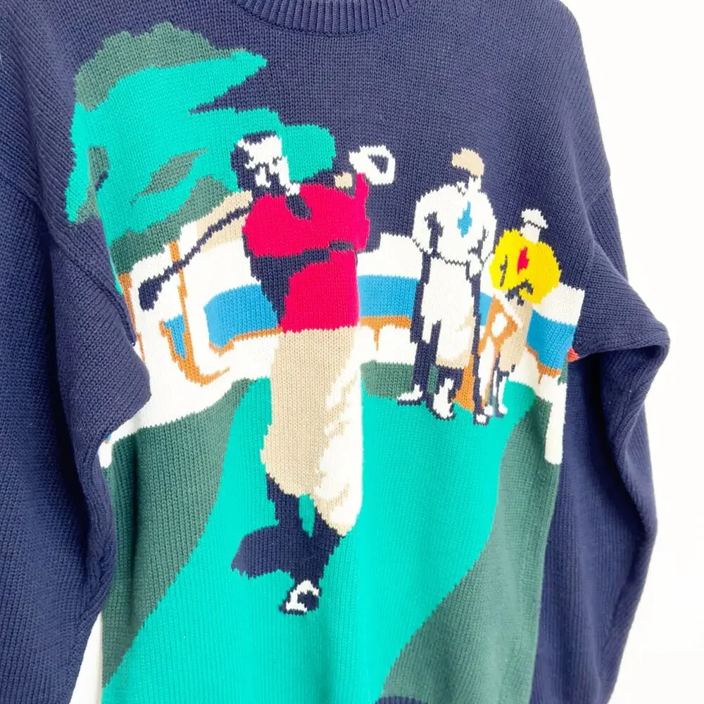NWT Vintage Hathaway Golf Course Scene Navy Knit Sweater M
